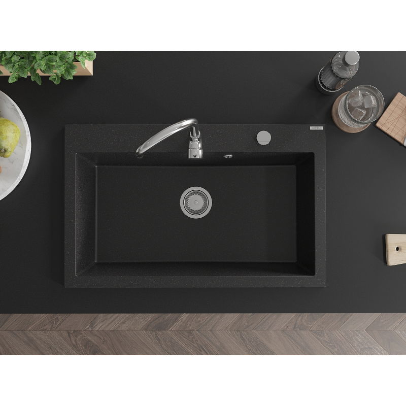 Mexen Elix granitinė vienos kameros plautuvė 800 x 500 mm, juoda/sidabrinė metalik, chromo sifonas - 6527801005-73