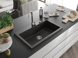 Mexen Elix granitinė vienos sekcijos virtuvės plautuvė 800 x 500 mm, juoda/auksinė metalika, chromuotas sifonas - 6527801005-75