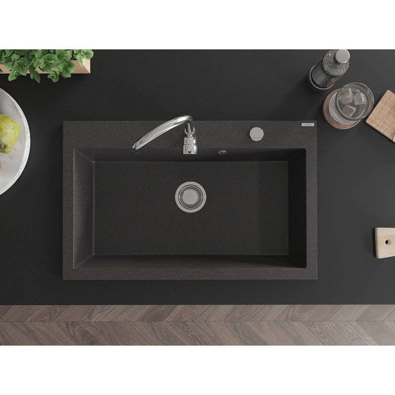 Mexen Elix granitinė vienos kameros kriauklė 800 x 500 mm, juoda su taškeliais, chromuotas sifonas - 6527801005-76