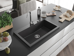 Mexen Elix granito virtuvės plautuvė, 1 skyrius, 800 x 500 mm, juoda dėmėta, chromuota sifonu - 6527801005-76