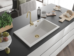 Mexen Elix granitinė plautuvė su viena kamera 800 x 500 mm, balta, auksinis sifonas - 6527801005-20-G