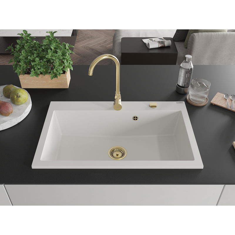 Mexen Elix granitinė plautuvė su viena kamera 800 x 500 mm, balta, auksinis sifonas - 6527801005-20-G