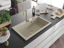 Mexen Elix granitinis plautuvas 1 skyrelio, 800 x 500 mm, smėlio spalvos, aukso sifonas - 6527801005-69-G