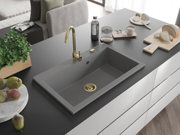 Mexen Elix granitinė virtuvių plautuvė 1-skyrius 800 x 500 mm, pilka, auksinė sifono apdaila - 6527801005-71-G