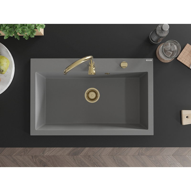 Mexen Elix granitinė vienos kameros plautuvė 800 x 500 mm, pilka, aukso sifonas - 6527801005-71-G