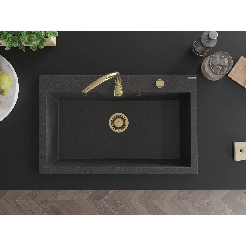 Mexen Elix vienos kameros granitinė kriauklė 800 x 500 mm, juoda dėmėta, sifonas auksinis - 6527801005-76-G