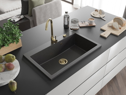 Mexen Elix granitinė vienos kameros kriauklė 800 x 500 mm, juoda taškuota, auksinis sifonas - 6527801005-76-G