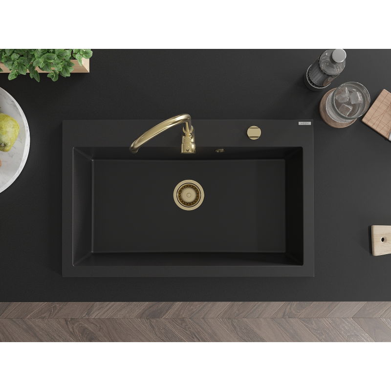 Mexen Elix granito plautuvė 1-skyrius 800 x 500 mm, juoda, sifonas auksinis - 6527801005-77-G