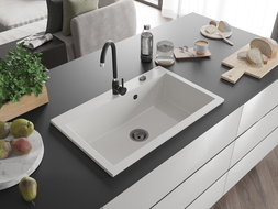 Mexen Elix granitinė virtuvės kriauklė 1-sekcijos 800 x 500 mm, balta, juodas sifonas - 6527801005-20-B