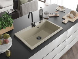 Mexen Elix granitinis vienos kameros plautuvas 800 x 500 mm, smėlio spalvos, juodas sifonas - 6527801005-69-B