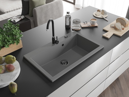 Mexen Elix granito virtuvės kriauklė su viena plautuve 800 x 500 mm, pilka, juodas sifonas - 6527801005-71-B