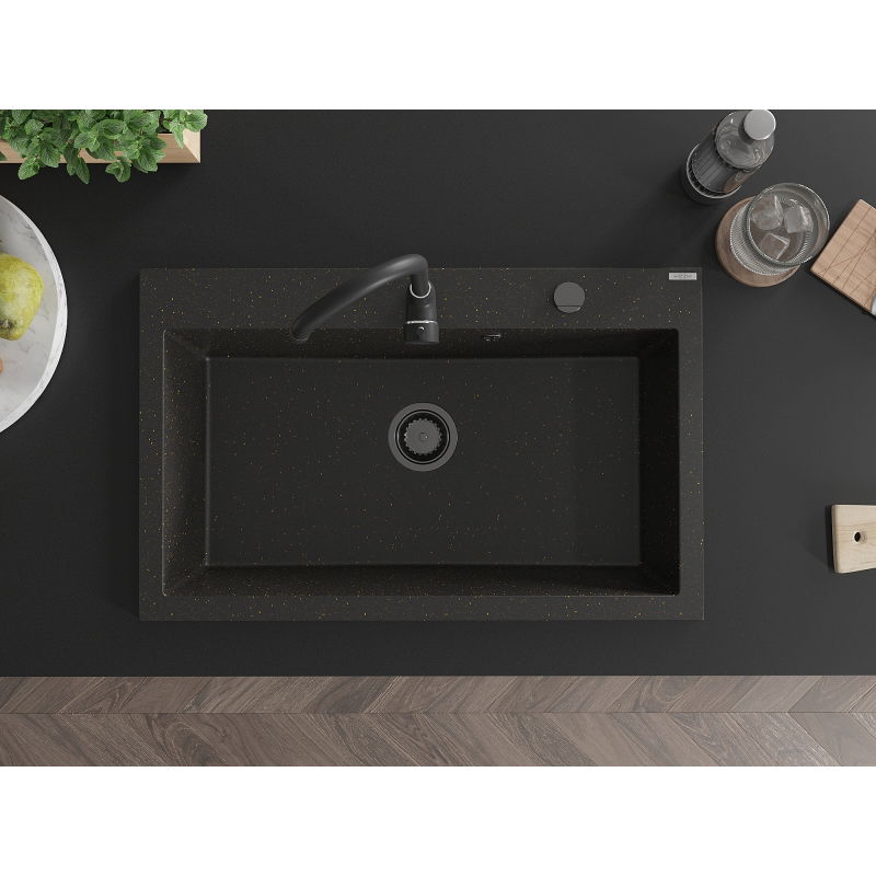 Mexen Elix granitinė virtuvinė plautuvė 1-skyrelio, 800 x 500 mm, juoda/auksinė metalo spalva, juodas sifonas - 6527801005-75-B