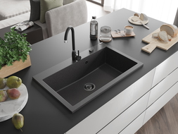 Mexen Elix granitinė plautuvė, 1 skyrius, 800 x 500 mm, juoda taškuota, juodas sifonas - 6527801005-76-B