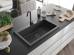 Mexen Elix granitinė vienos kameros kriauklė 800 x 500 mm, juodos dėmėtos spalvos, juodas sifonas - 6527801005-76-B