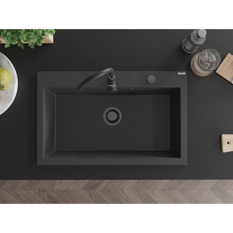 Mexen Elix granitinė plautuvė, 1 skyrius, 800 x 500 mm, juoda taškuota, juodas sifonas - 6527801005-76-B