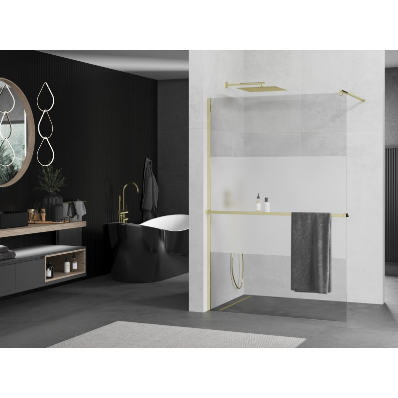 Mexen Kioto+ dušo ekranas su lentyna Walk-in 90 x 200 cm, permatomas/šerkšnas, auksinė - 800-090-121-50-35