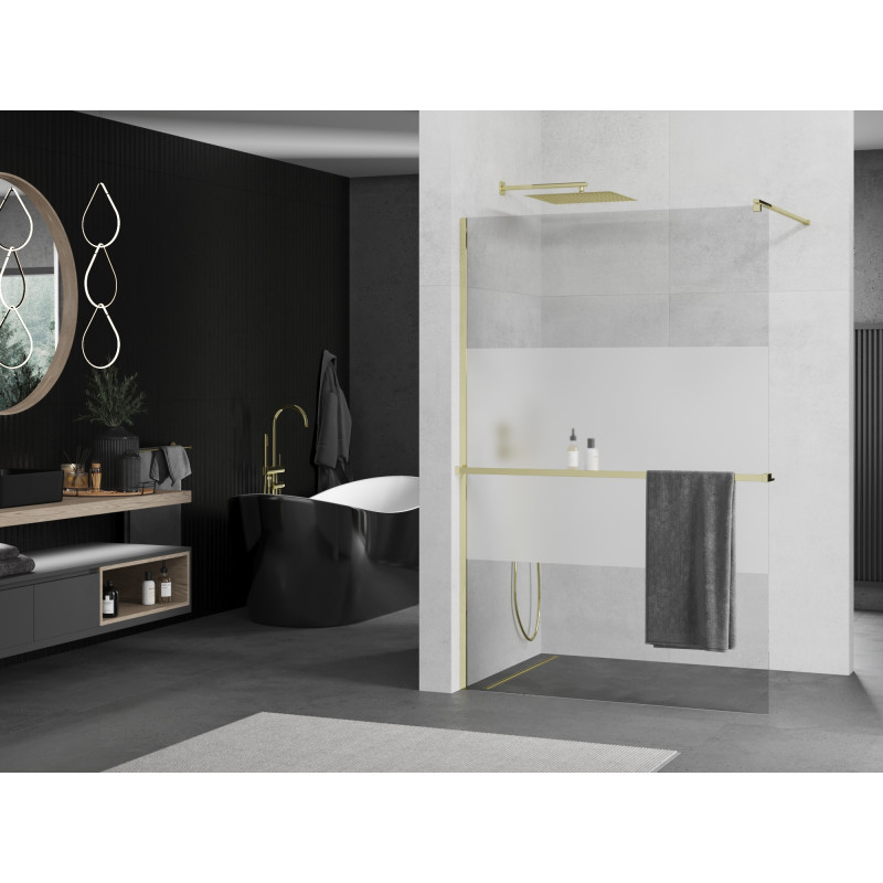 Mexen Kioto+ dušo sienelė su lentyna Walk-in 90 x 200 cm, permatoma/šerkšnas, auksinė - 800-090-121-50-35