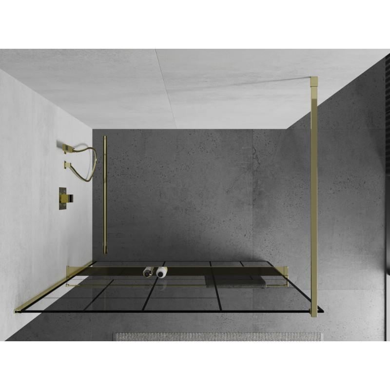 Mexen Kioto+ dušo sienelė su lentyna Walk-in 70 x 200 cm, juodas raštas, auksinė - 800-070-121-50-78