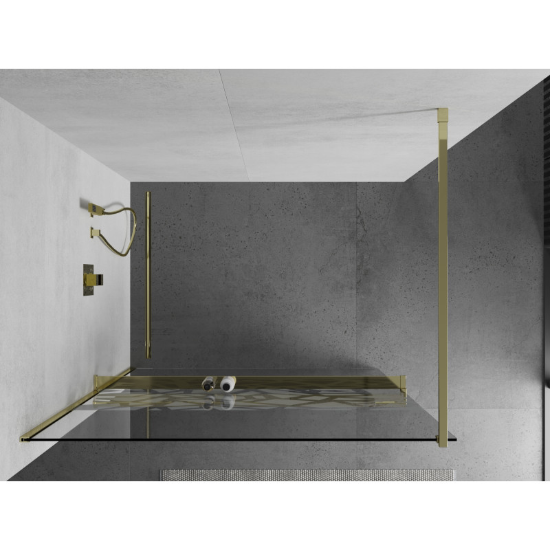 Mexen Kioto+ dušo sienelė su lentyna Walk-in 80 x 200 cm, baltas raštas, auksinė - 800-080-121-50-85