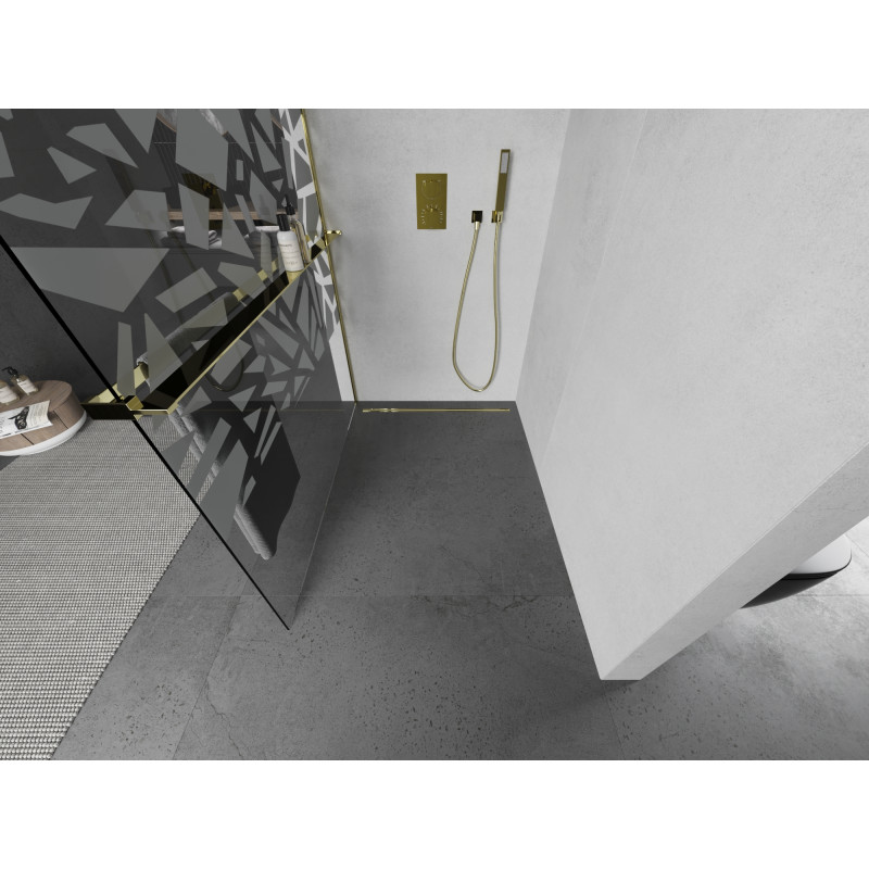 Mexen Kioto+ dušo sienelė su lentyna Walk-in 80 x 200 cm, baltas raštas, auksinė - 800-080-121-50-85