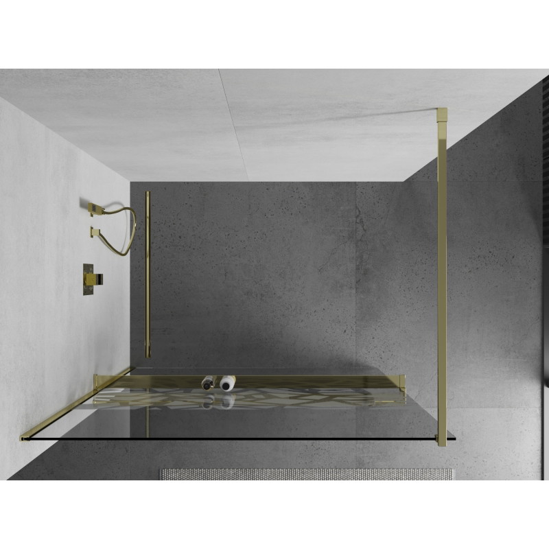 Mexen Kioto+ dušo sienelė su lentyna Walk-in 120 x 200 cm, baltas raštas, auksinė - 800-120-121-50-85