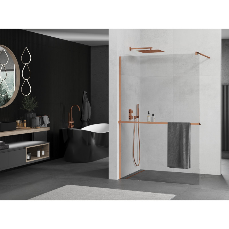Mexen Kioto+ dušų ekranas su lentyna Walk-in 70 x 200 cm, skaidri, rausvas auksas - 800-070-121-60-00