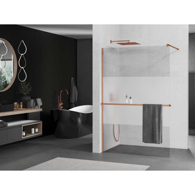 Mexen Kioto+ dušo sienelė su lentyna Walk-in 90 x 200 cm, permatoma/šerkšno, rožinio aukso - 800-090-121-60-35