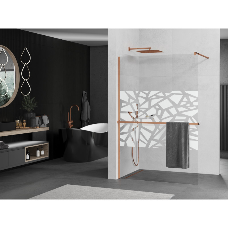 Mexen Kioto+ dušo siena su lentyna Walk-in 70 x 200 cm, baltas raštas, rožinis auksas - 800-070-121-60-85