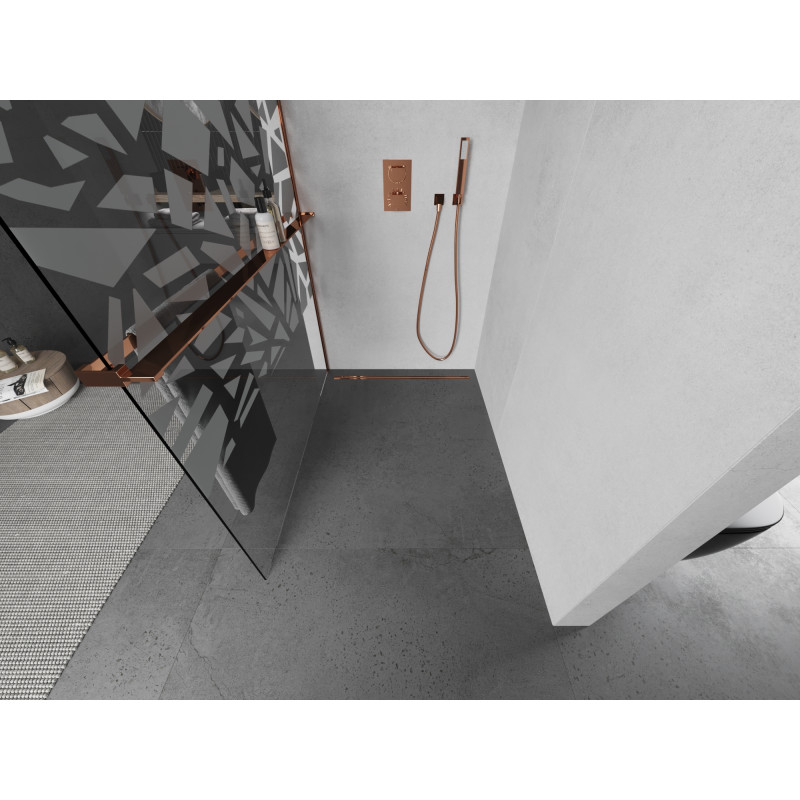 Mexen Kioto+ dušo siena su lentyna Walk-in 90 x 200 cm, baltas raštas, rožinis auksas - 800-090-121-60-85