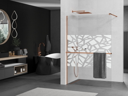 Mexen Kioto+ dušo sienelė su lentyna Walk-in 90 x 200 cm, baltas raštas, rožinis auksas - 800-090-121-60-85