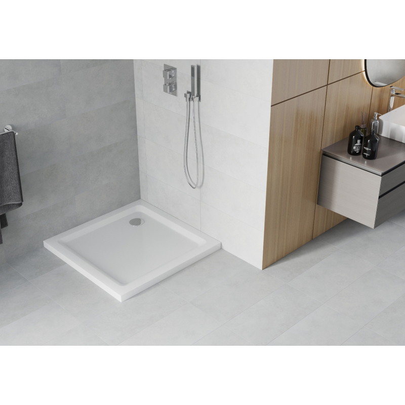 Mexen Flat kvadratinė dušo padėklas slim 70 x 70 cm, baltas, chrom sifonas - 40107070