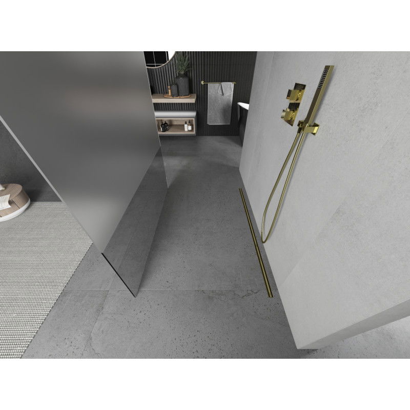 Mexen Kioto laisvai stovinti dušo siena 100 x 200 cm, skaidri / matinė 8 mm, auksinė - 800-100-002-50-35