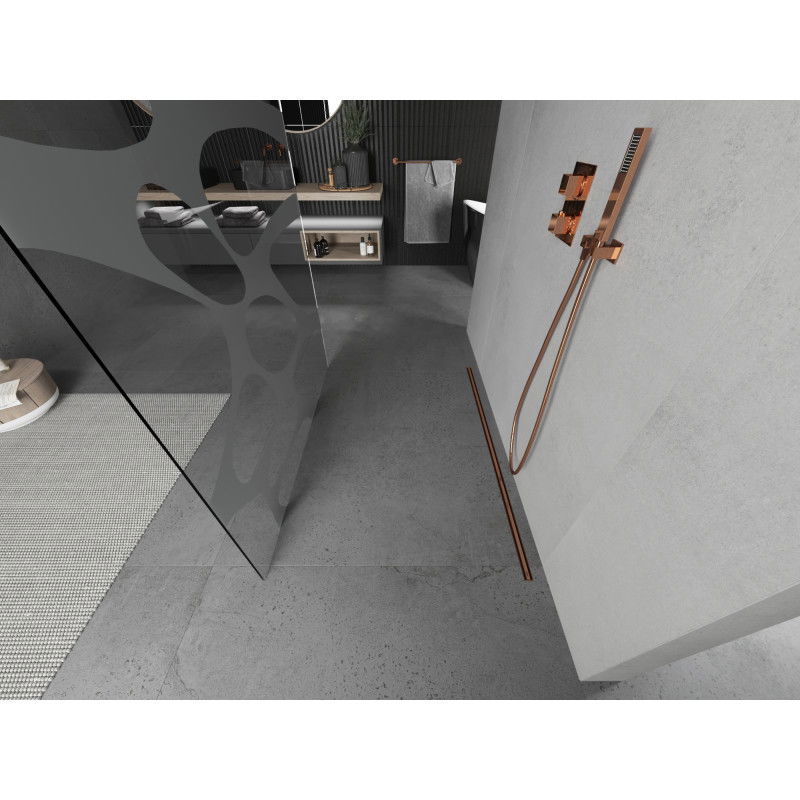 Mexen Kioto laisvai pastatoma dušo pertvara 100 x 200 cm, baltas bangas 8 mm, rožinis auksas - 800-100-002-60-97