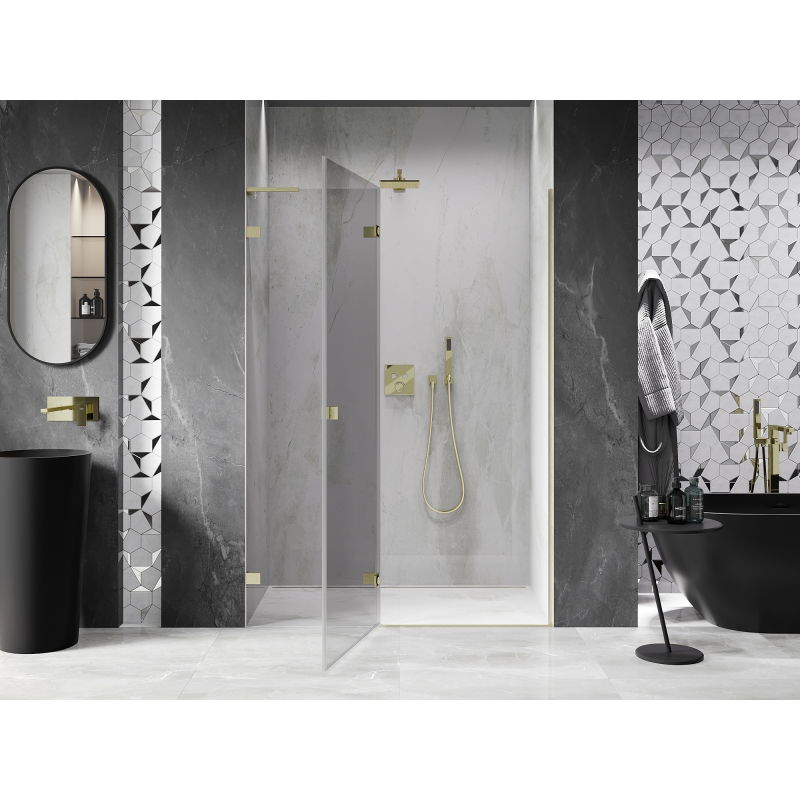 Mexen Lunar L kairiosios pusės dušo durys 130 cm, permatomos, šlifuotas auksas - 834L-130-000-55-00-L