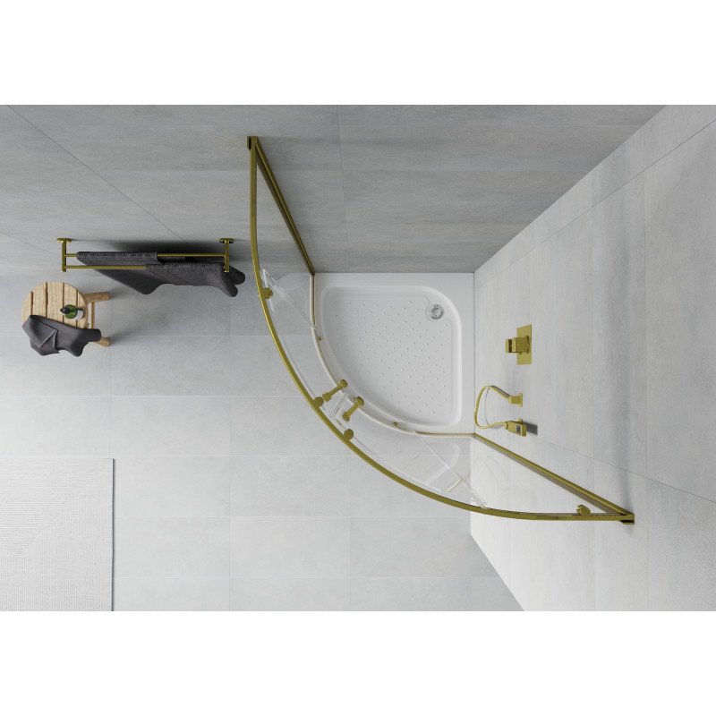 Mexen Rio pusapvalė dušo kabina 70 x 70 cm, skaidri, auksinė + padėklas, baltas - 863-070-070-50-00-4710