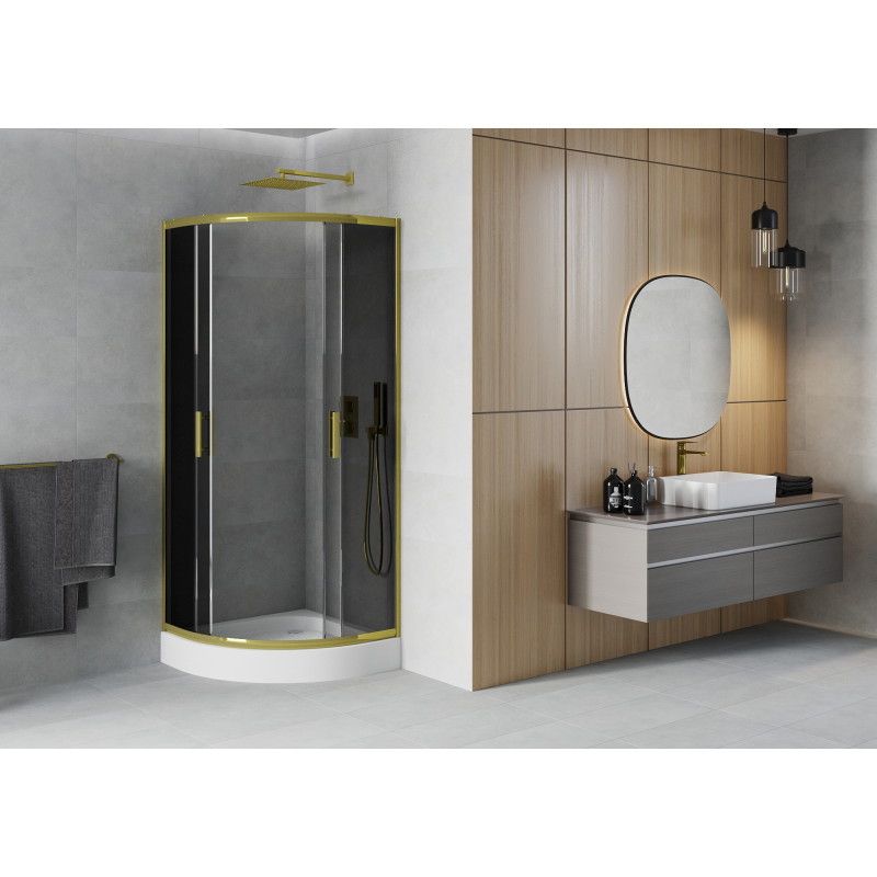 Mexen Rio pusapvalė dušo kabina 70 x 70 cm, grafitas, auksinė + padėklas, baltas - 863-070-070-50-0-4710