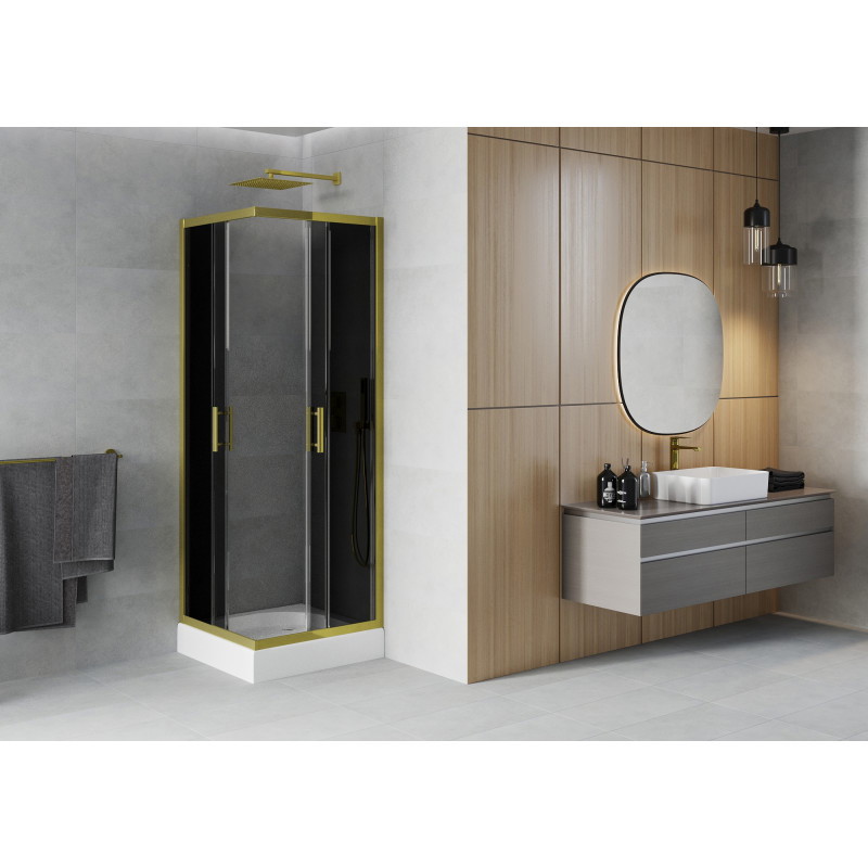Mexen Rio kvadratinė dušo kabina 80 x 80 cm, grafitas, auksinė + dušo padėklas, baltas - 860-080-080-50-40-4510