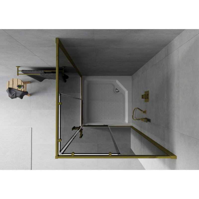 Mexen Rio kvadratinė dušo kabina 90 x 90 cm, grafitas, auksinė + padėklas, baltas - 860-090-090-50-40-4510