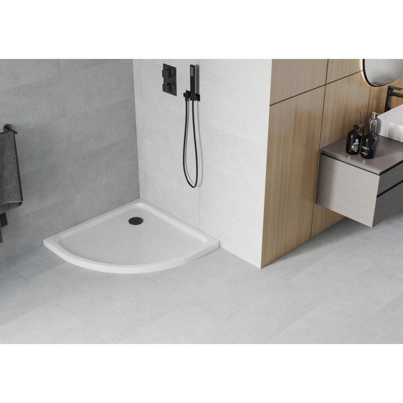 Mexen Flat pusapvalė dušo padėklas slim 100 x 100 cm, baltas, juodas sifonas - 41101010B
