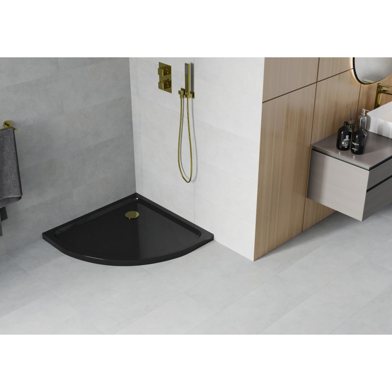 Mexen Flat pusapvalė dušo aikštelė slim 100 x 100 cm, juoda, sifonas auksinis - 41701010G