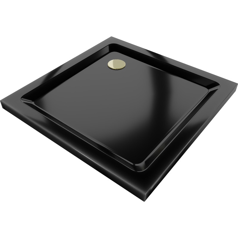 Mexen Flat kvadratinis plokščias dušo padėklas 70 x 70 cm, juodas, sifonas auksinis - 40707070G