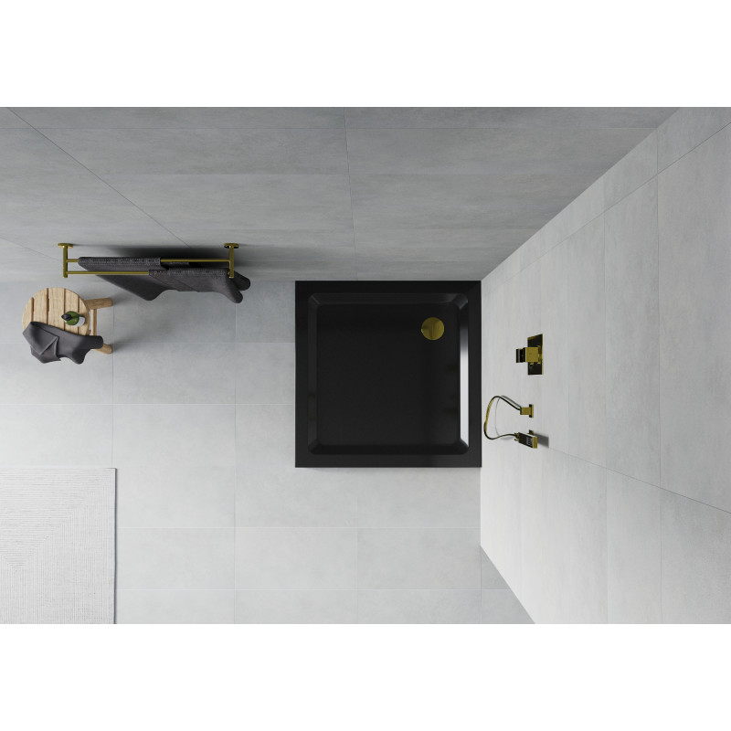 Mexen Flat kvadratinis dušo padėklas slim 70 x 70 cm, juodas, auksinis sifonas - 40707070G