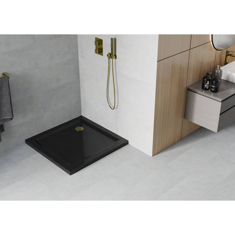 Mexen Flat kvadratinis dušo padėklas slim 70 x 70 cm, juodas, auksinis sifonas - 40707070G