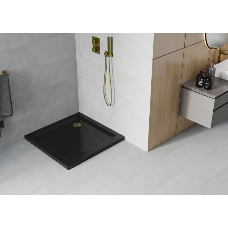 Mexen Flat kvadratinis plokščias dušo padėklas 70 x 70 cm, juodas, sifonas auksinis - 40707070G
