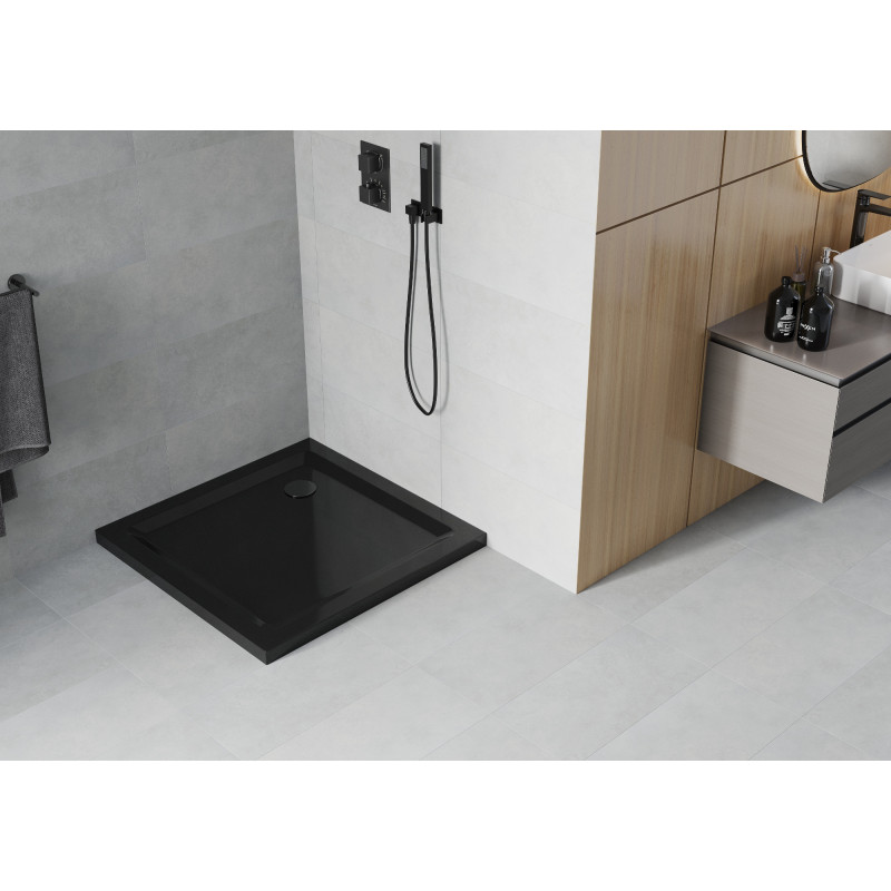 Mexen Flat plonas kvadratinis dušo padėklas 70 x 70 cm, juodas, juodas sifonas - 40707070B