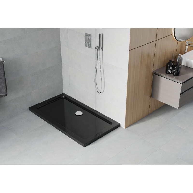 Mexen Flat stačiakampė dušo padėklas slim 140 x 70 cm, juodas, chromuotas sifonas - 40707014