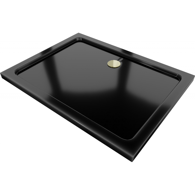 Mexen Flat stačiakampis dušo padėklas slim 100 x 70 cm, juodas, sifonas auksinis - 40707010G