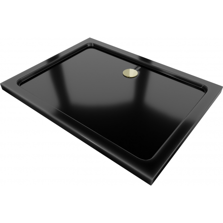 Mexen Flat stačiakampis plonas dušo padėklas 100 x 70 cm, juodas, auksinis sifonas - 40707010G