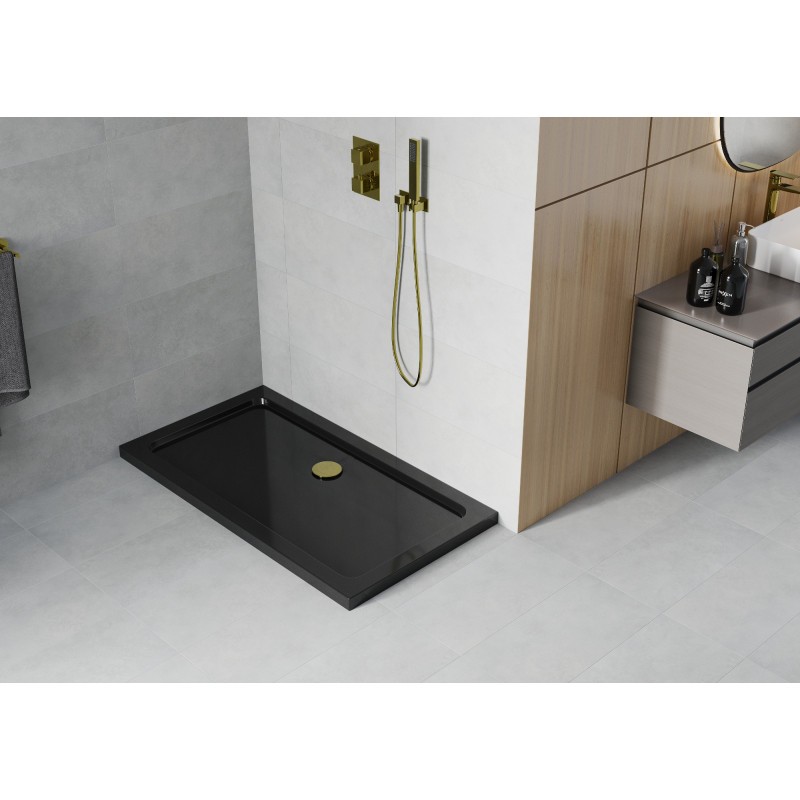 Mexen Flat stačiakampis plokščias dušo padėklas 120 x 70 cm, juodas, sifonas auksinis - 40707012G