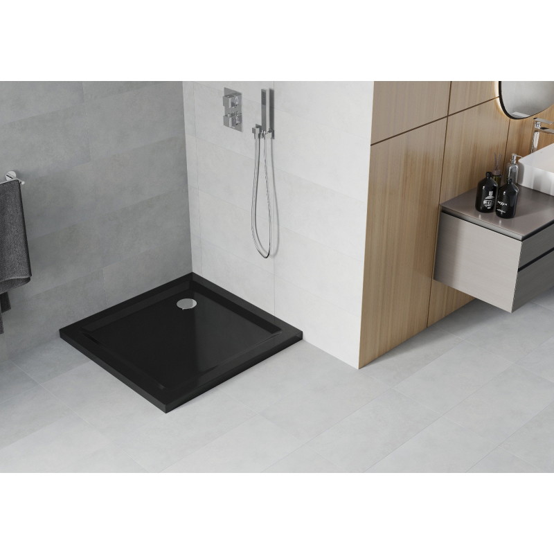 Mexen Flat slim kvadratinė dušo padėklas 100 x 100 cm, juoda, chromu sifonas - 40701010
